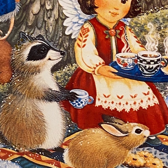 Vintage Cherub Treehouse Christmas Metal Tray Judith Ann Griffith print 90s - Picture 3 of 16